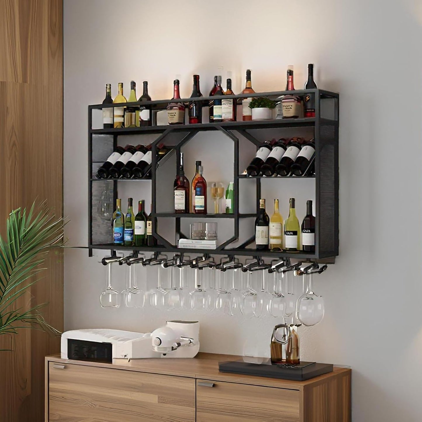 Wall Mounted Wine Rack, 3-Tiers Metal Bar Bottle Holder, Modern Wine Glass Storage Display Shelves, Wall Wine Rack for Kitchen Bar Dining Rooms Decoration ﻿ (Black, 63in/160cm)