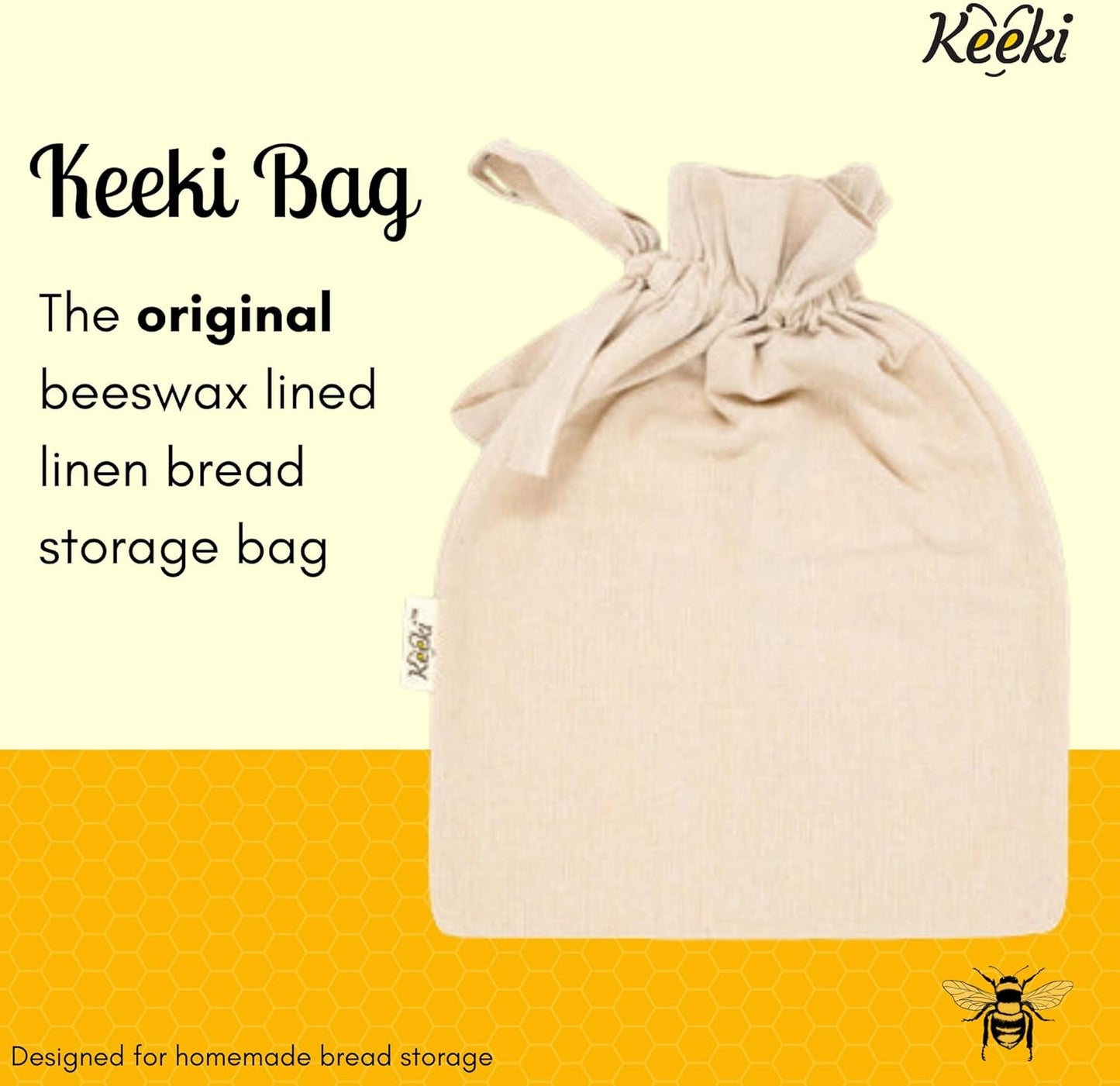 Keeki Bag - The Original Beeswax Lined Bread Bag for Homemade & Sourdough | Reusable Linen Bread Storage | Beeswax Wrap Alternative | Plastic-Free Storage w/Wide Opening & Drawstring Closure - Yellow