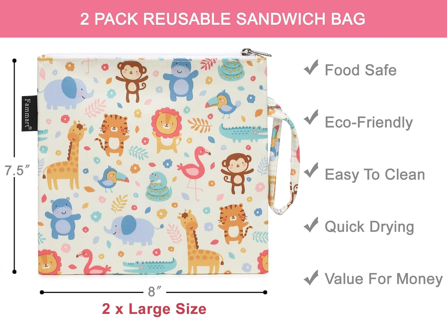 Reusable Sandwich Bag/Snack Bag for Kids & Adults, Dual Layer Lunch Bag with Handle, Washable, Food Safe, BPA Free (2-Pack, Zoo)