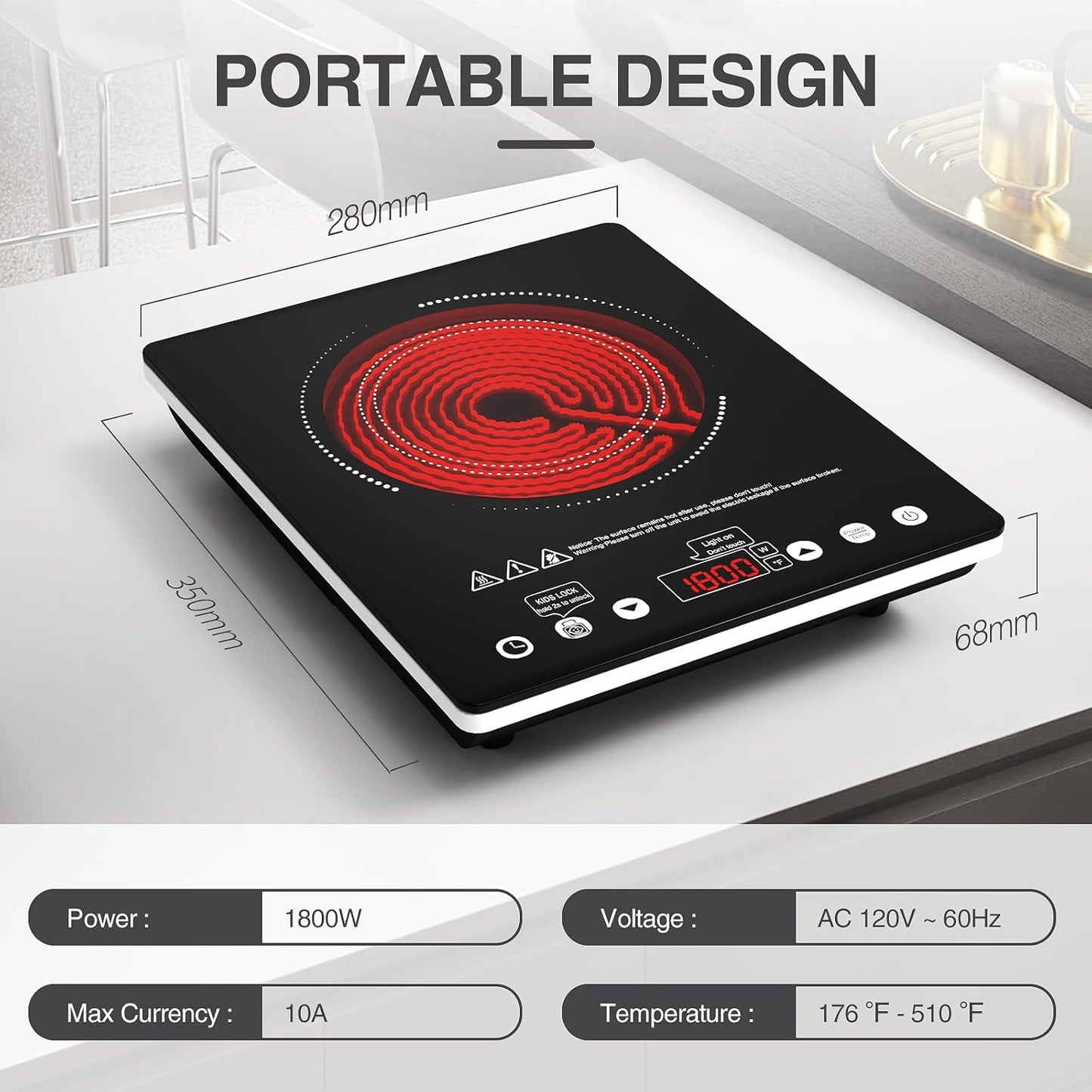 Electric Cooktop 12 Inch,Single Burner Plug in Portable 110V Electric Cooktop, Countertop Ceramic Stove Top with Power Levels and Overheat Protection
