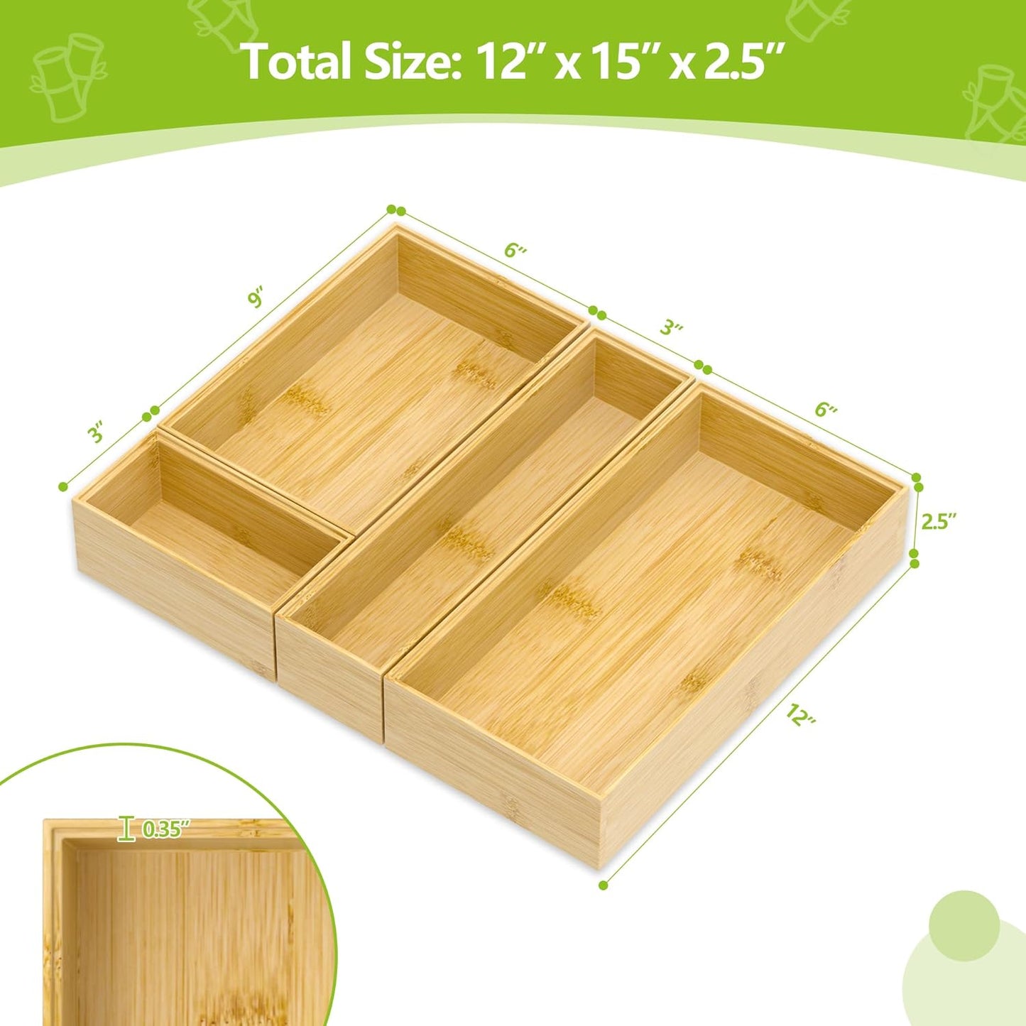 Silverware Bamboo Drawer Organizer Tray, 4 PCS Kitchen Drawer Organizer Storage for Utensil Cutlery, Bathroom, Office Desk, Makeup