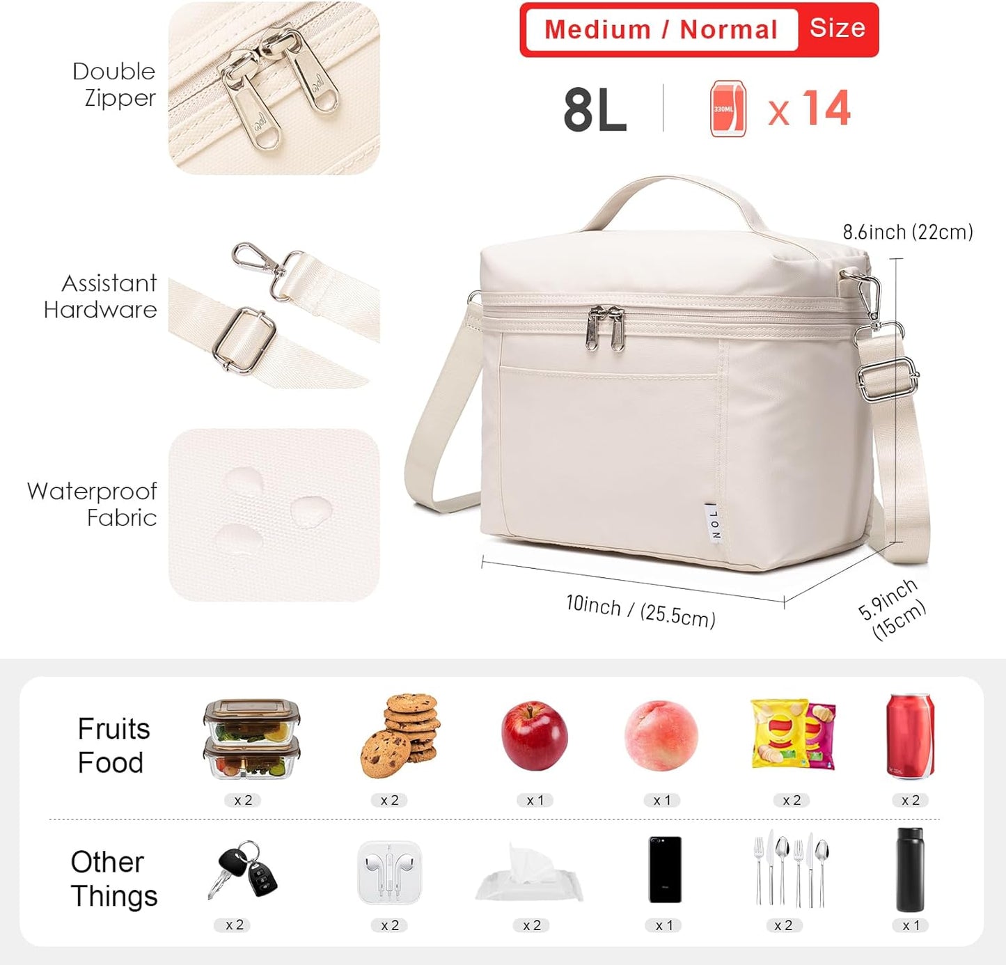 NOL Natural Organic Lifestyle Insulated Lunch Bags for Women Cooler Bag Lightweight Nylon Waterproof Lunch Box For Work（Medium, Cream
