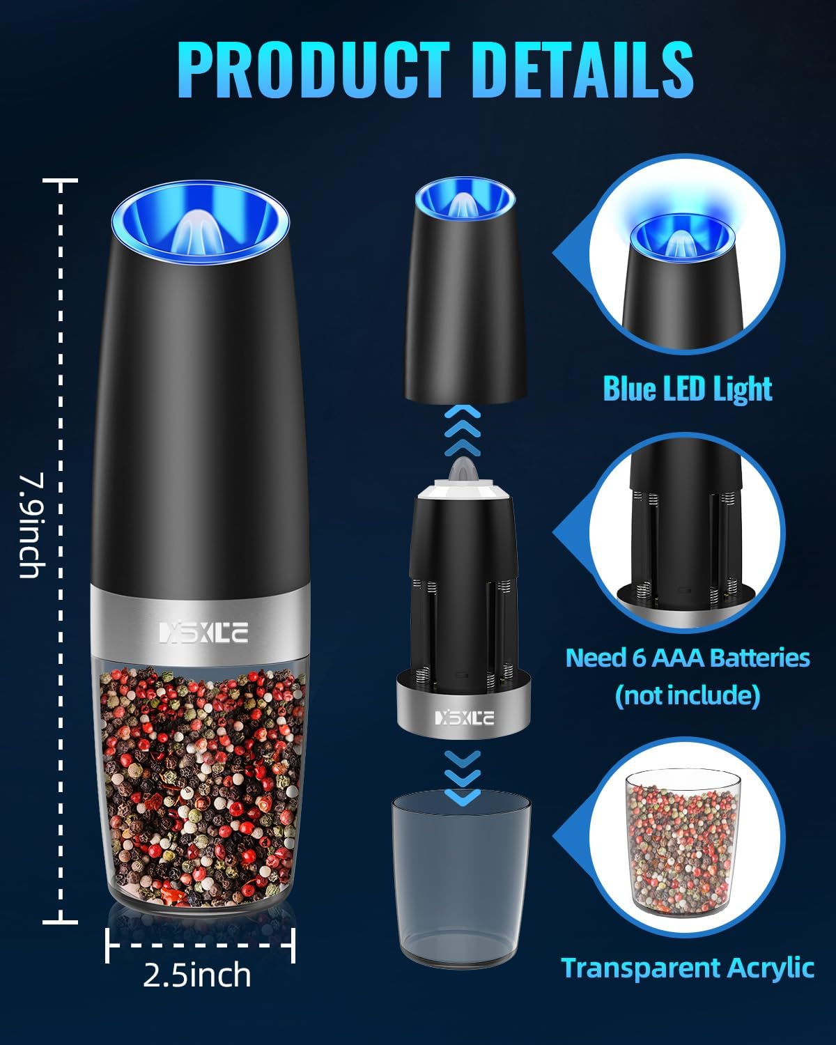 XinXu Gravity Electric Pepper and Salt Grinder Set, Adjustable Coarseness, Battery Powered with LED Light, One Hand Automatic Operation, Black -2 Pack