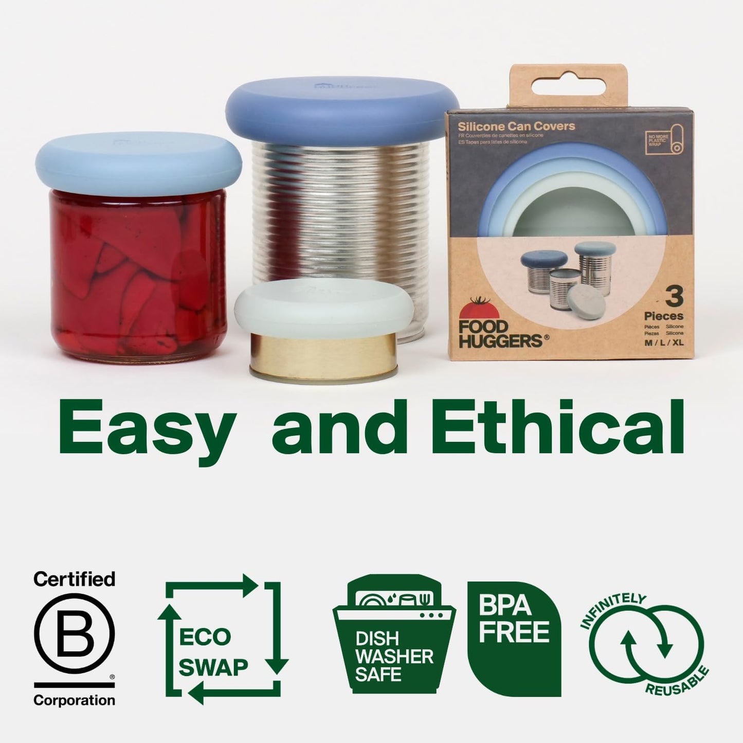 Food Huggers 3 Can Covers | Reusable Can Lids Snugly Seal Cans and Jars | 100% Food Grade Durable Silicone | Plastic Free (Blue)