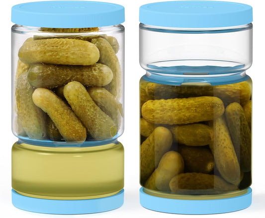 Glass Pickle Container with Strainer for Pickle Lover - 45OZ Leakproof Juice Separator Jar for Gherkin, Olive or Chilli, Dishwasher and Refrigerator Safe, BPA Free (Blue, 45 oz*2 pcs)
