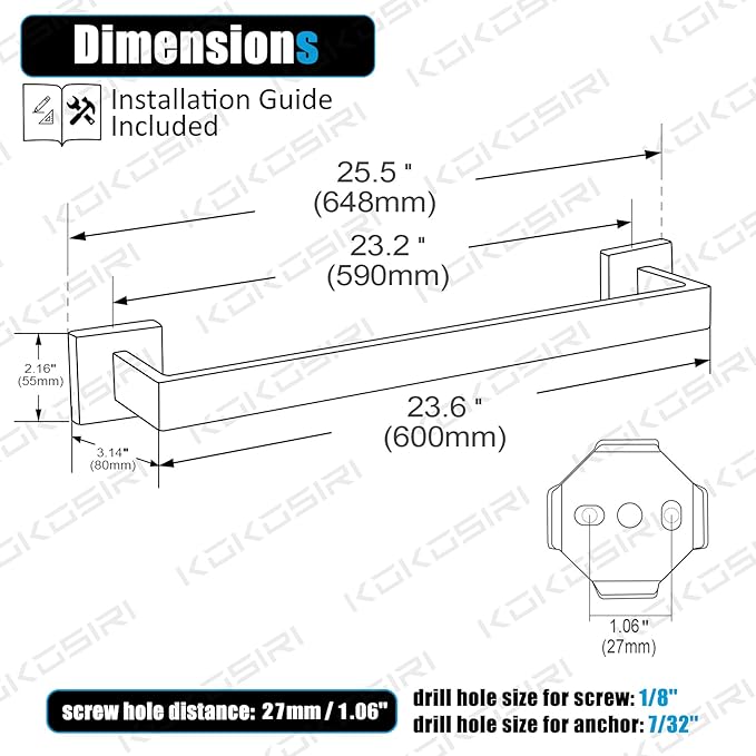 KOKOSIRI 24-Inch Single Towel Bar 2 Pack, B4003BR-L24-P2