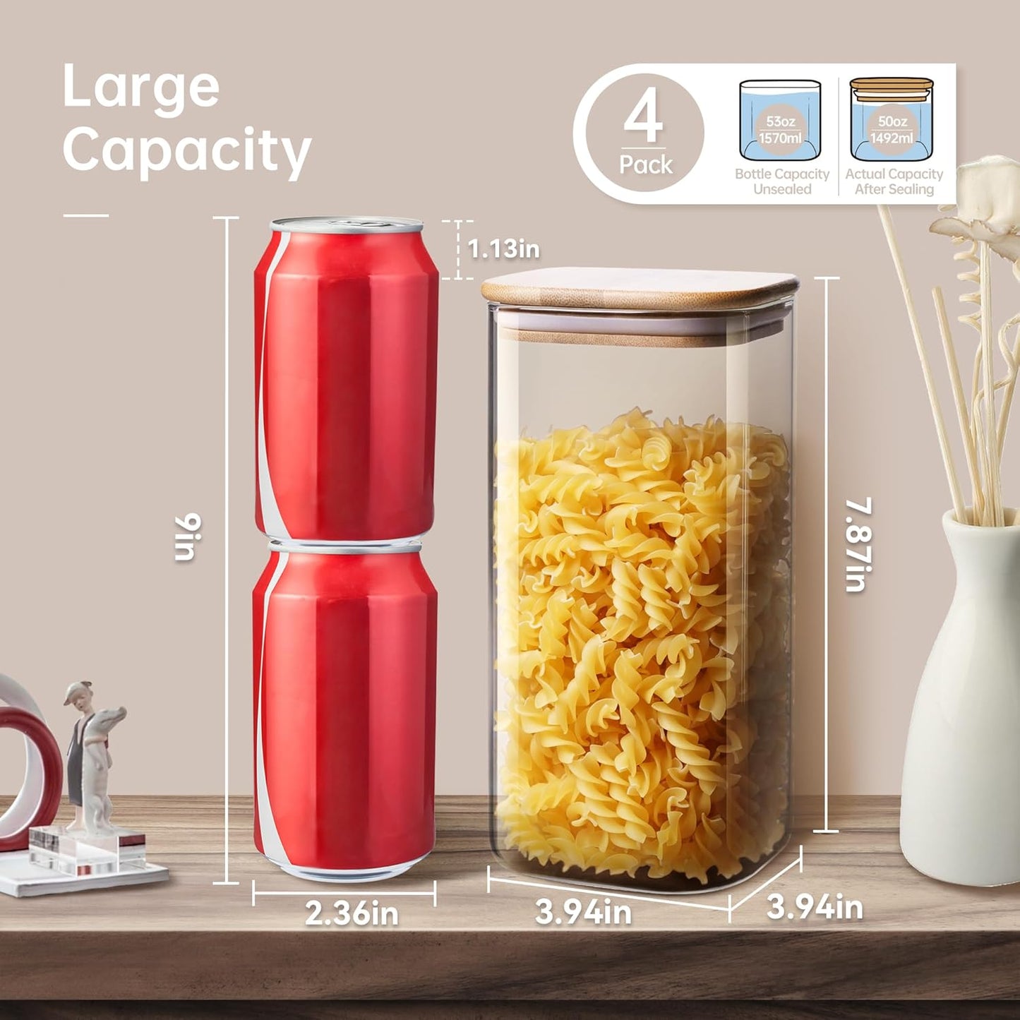 Square Glass Jars with Bamboo Lids 53 FL OZ [Set of 4], Glass Canisters with Airtight Lid, Glass Food Storage Containers for Pasta, Cereal, Coffee, Flour, Sugar, Best for Kitchen & Pantry