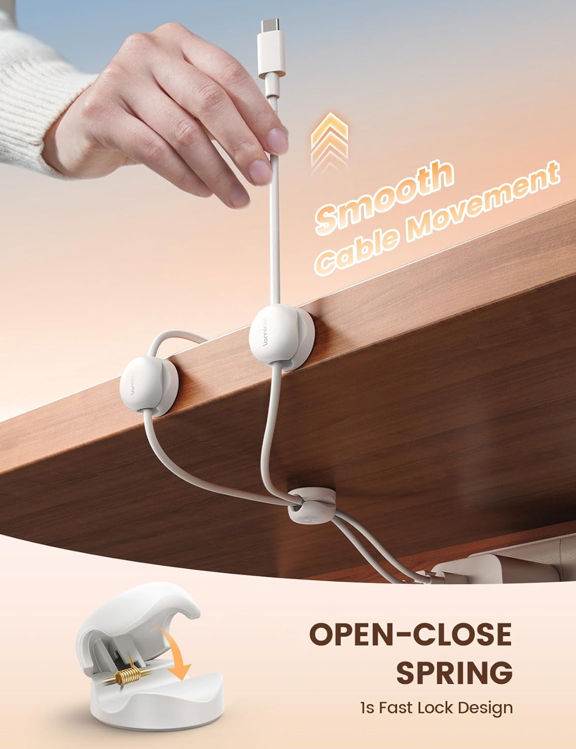 Lamicall Spring Cord Organizer, Office Desk Accessories - 12Pack Compact Desk Cable Management Holder Clips, Nightstand Phone Charging Cord Holder, 8mm Slot Adhesive Wire Organizer, White