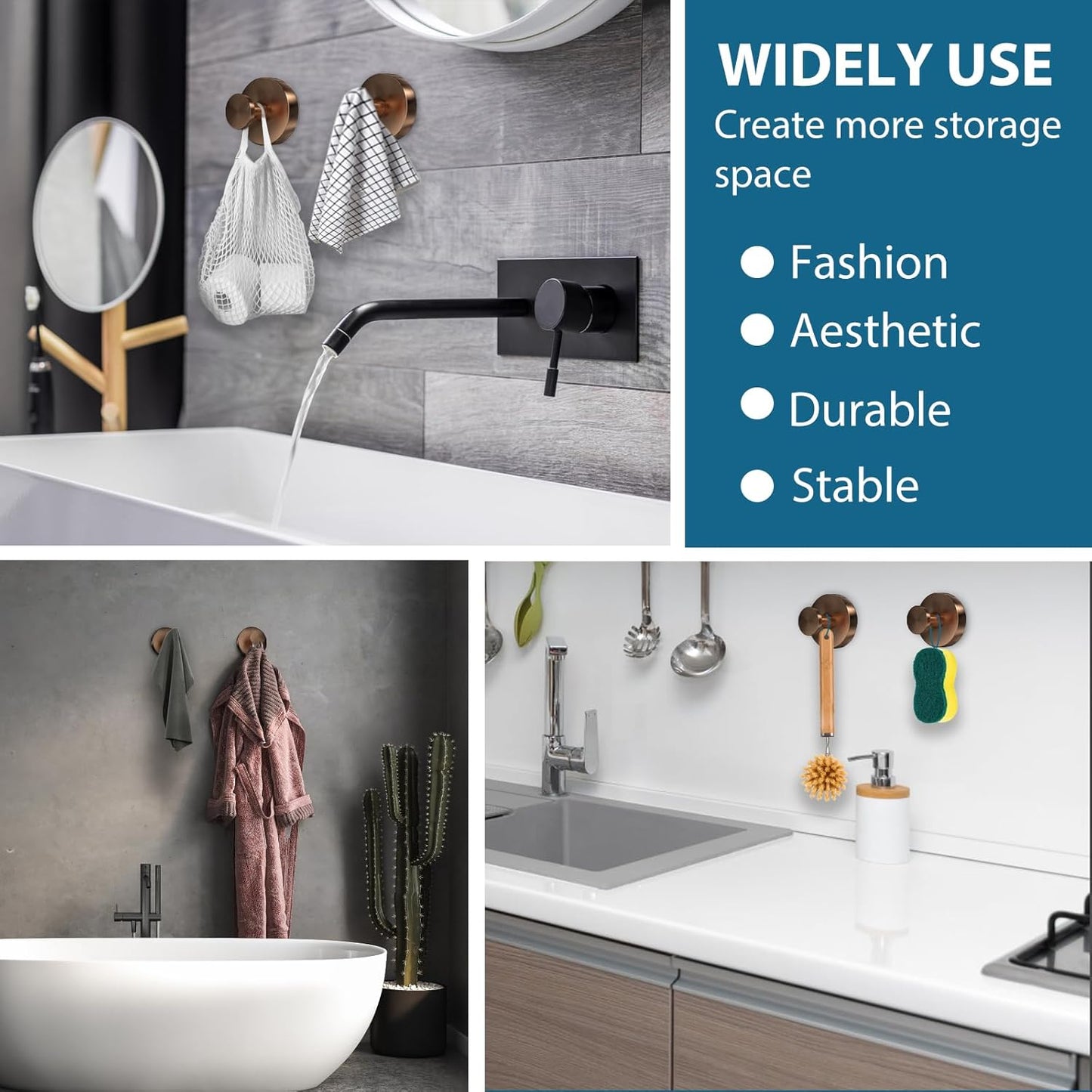 Suction Cup Hooks for Shower, 2 PCS No-Drill Towel Holder for Bathrooms Wall, Glass Door, Mirror, Tiles, Kitchen, Hold Robe & Wreath, Hanging up to 15 lbs – Waterproof & Rustproof, Loofah-Gold Rose