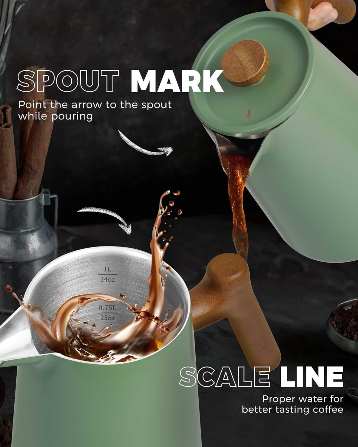 POLIVIAR French Press Coffee Maker, 34 oz Coffee Press with Real Wood Handle, Double Wall Insulation & Dual-Filter Screen, Food Grade Stainless Steel for Good Coffe and Tea, JX2025-XFPN