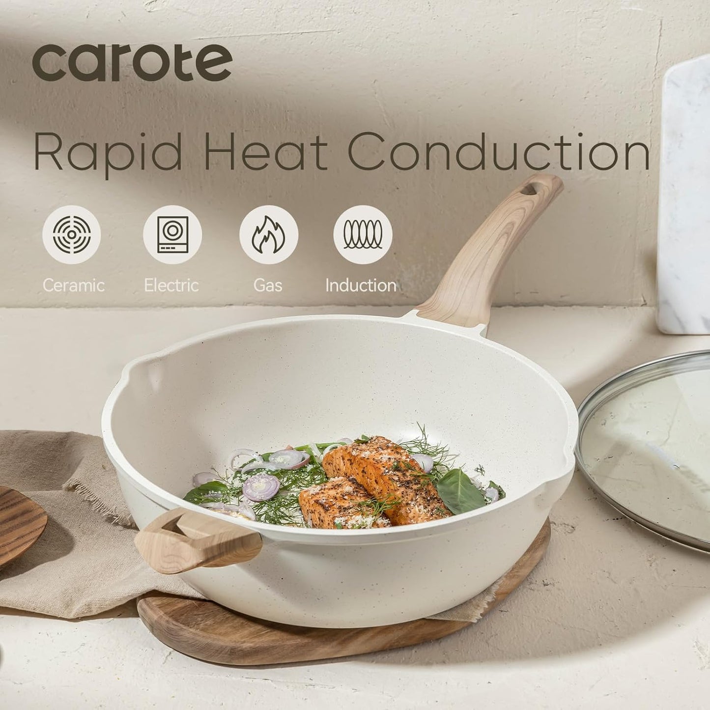 CAROTE 12.5Inch Nonstick Deep Frying Pan with Lid, 6.5 Qt Jumbo Cooker Saute Pan with Pour Spout, Skillet Induction Cookware, Non Stick Cooking Pan Kitchen Pan PFOA Free, White Granite