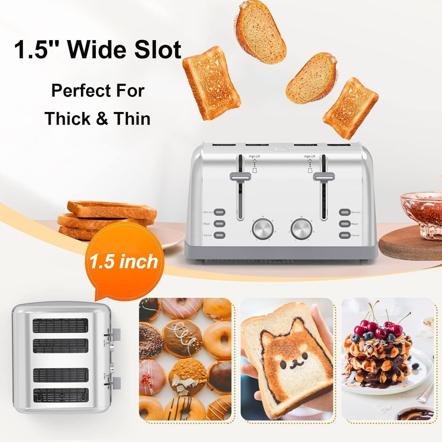 Toaster 4 Slice Retro Stainless Steel,Best Prime 4 Slice Toaster Wide Solt with 7 Shade Settings, Perfect for Waffles, Bagels and More Lainsten T-527