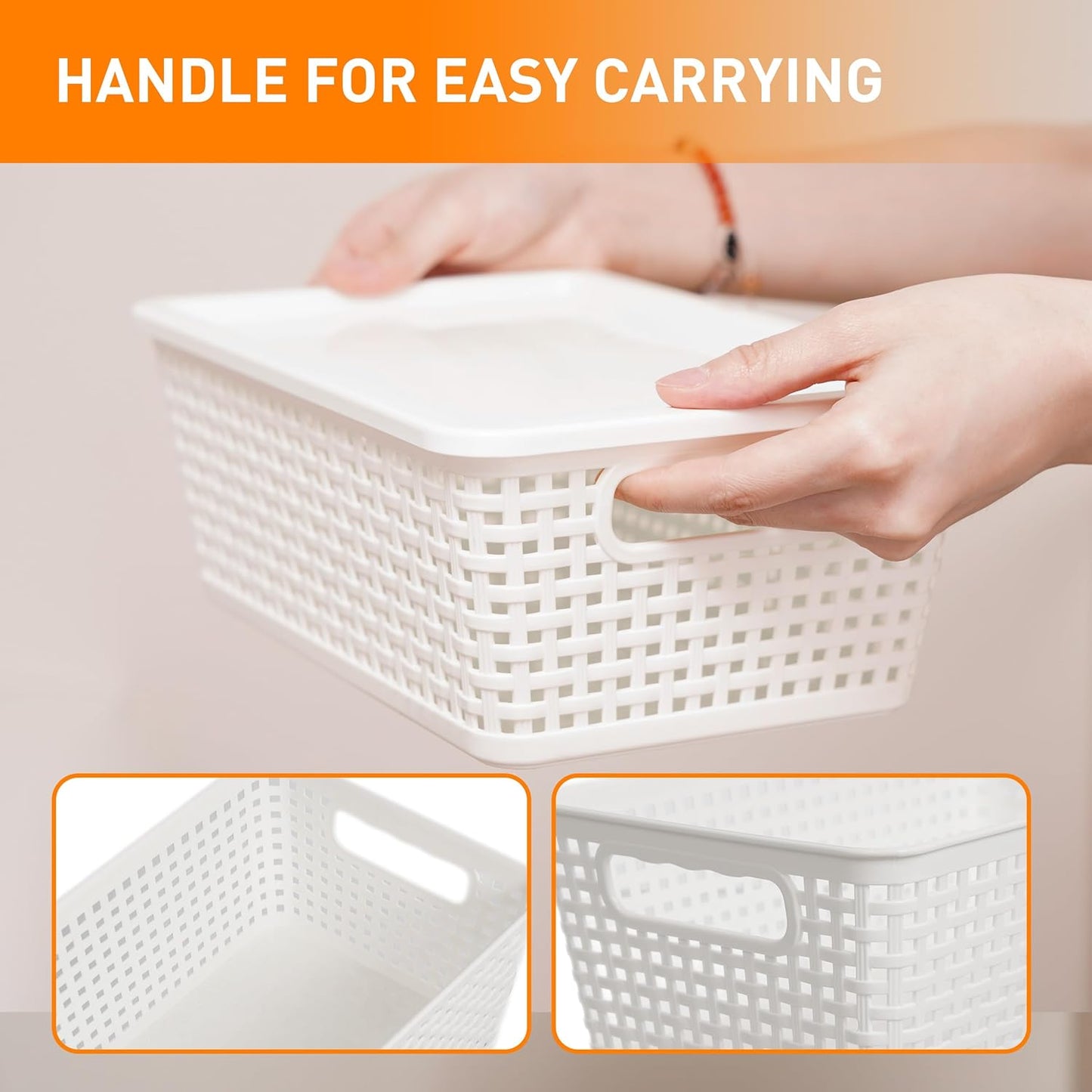 Plastic Storage Baskets With Lid, Storage Bins for Organizing, Stackable Decorative Containers for Shelves Drawers Desktop Closet Playroom Classroom Office, 8 Pack-White