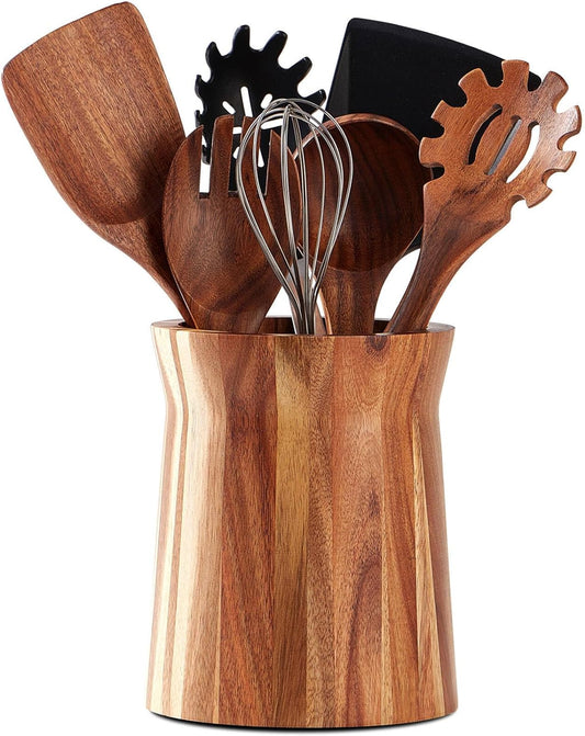 Wooden Utensil Holder for Countertop, 360° Rotating Kitchen Utensil Holder, 7.2"x 6" Large Acacia Wood Crock, Farmhouse Kitchen Decor
