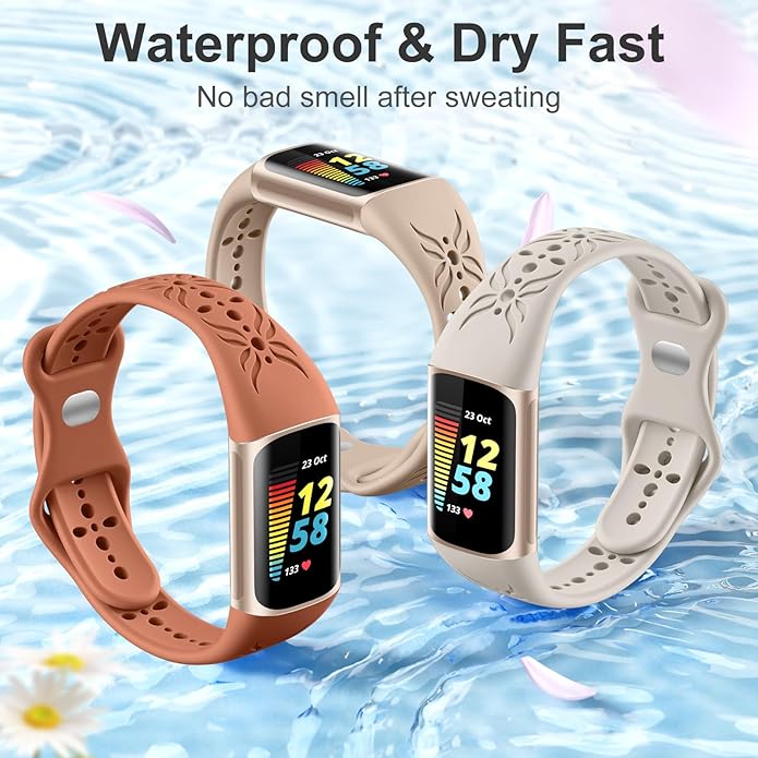 Maledan Slim Engraved Band Compatible for Fitbit Charge 6/Charge 5 Bands Women Men, Elegant Hollow-out Pattern Bracelet Strap Loops Wristbands for Fitbit Charge 5/Charge 6 Fitness Tracker Accessories