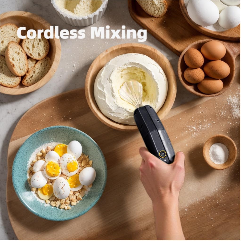 Cordless Hand Mixer, Foldable Design Handheld Electric Whisk with 3 Speed Modes, Hand Held Egg Beater with 2 Detachable Stir Whisks (Black)