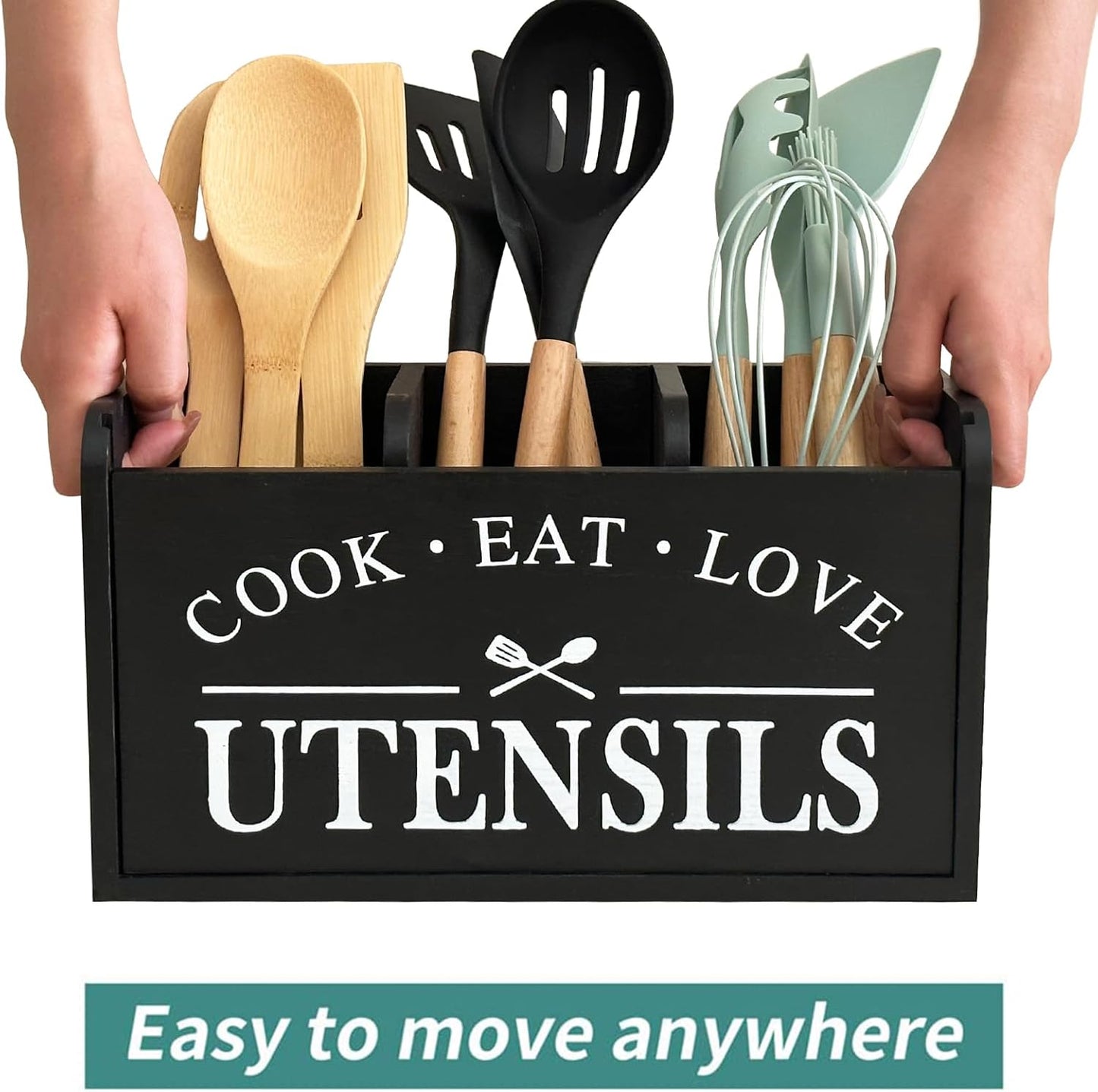 Solid Wood Farmhouse Cooking Utensils Organizer: Large Countertop Utensil Holder, 3 Compartments - Black