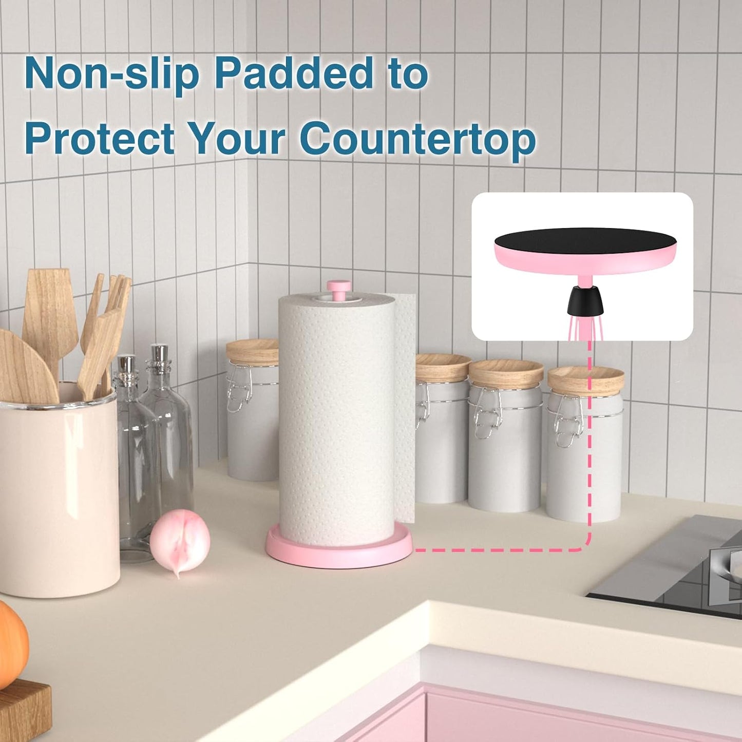 Pink Paper Towel Holder Countertop, Pink Kitchen Accessories Decor, Stainless Steel, Weighted Base, Paper Towel Roll Holder Stand with Ratchet Mechanism for Kitchen Bathroom Farmhouse Essentials