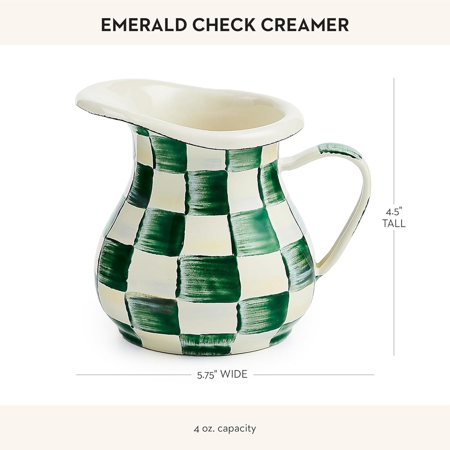 MACKENZIE-CHILDS Enamel Creamer, Creamer Dispenser with Pour Spout, 14-Ounce Capacity, Green-and-White Emerald Check