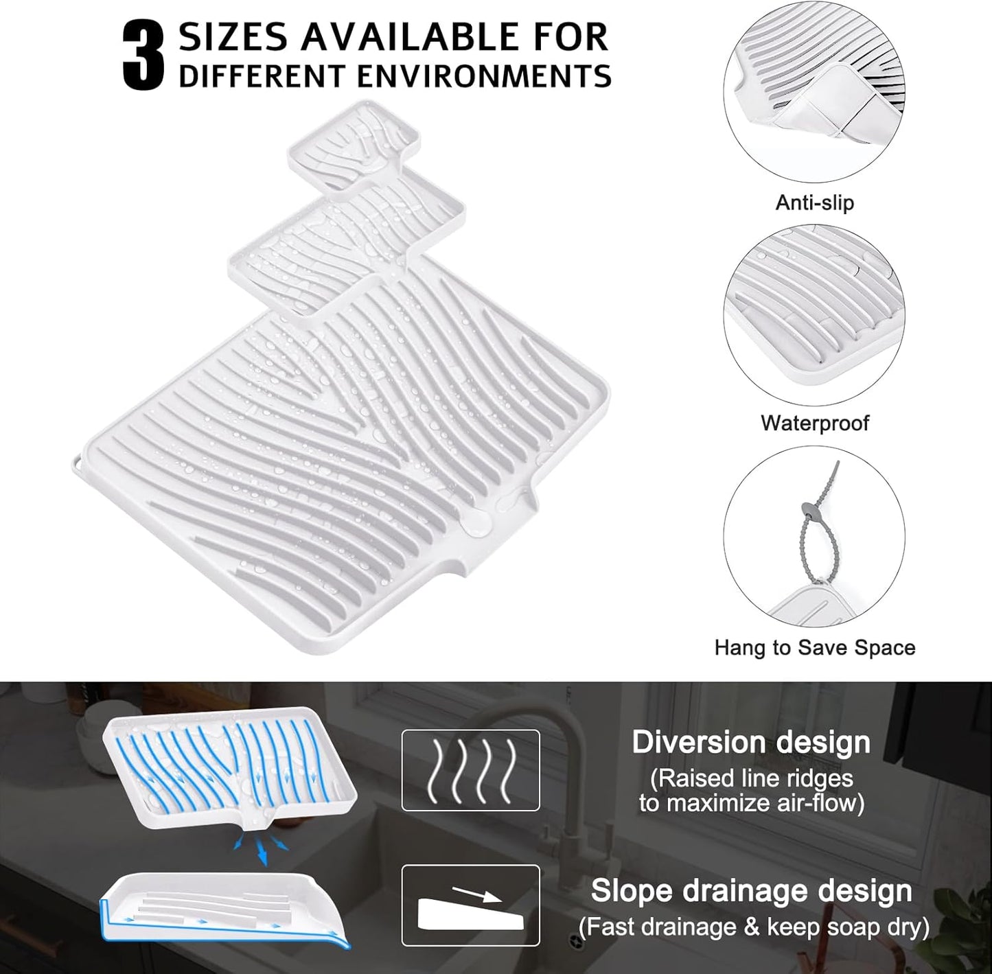 Silicone Dish Drying Mat for Kitchen Counter, Dish Drying Pad, Non-Slip Drain Pad with Built-in Drain, Heat Resistant Stone Drying Mat,Large 1 set XL(Ivory)