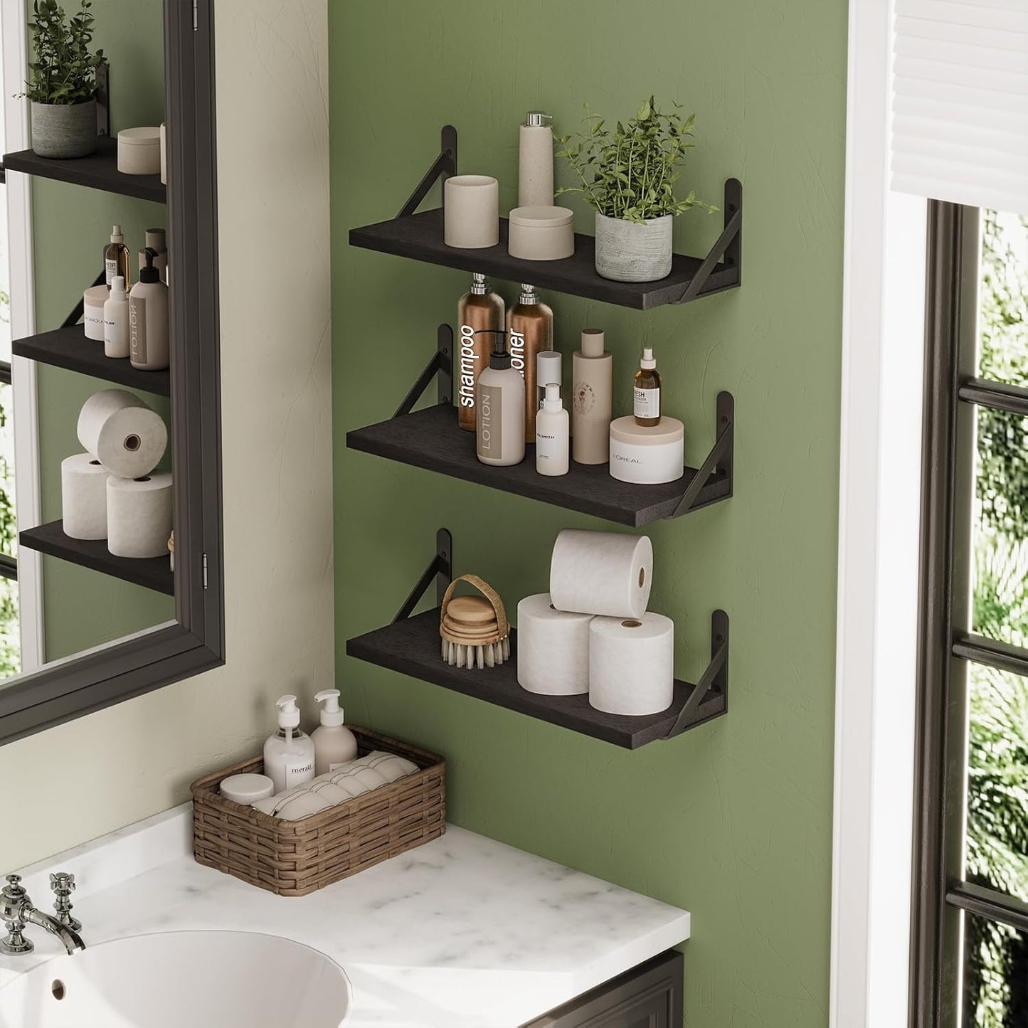 YGEOMER 16.5 Inch Floating Shelves for Wall, Farmhouse Wall Shelves for Bedroom, Bathroom Storage, Living Room and Kitchen Decor (Set of 6 Black)