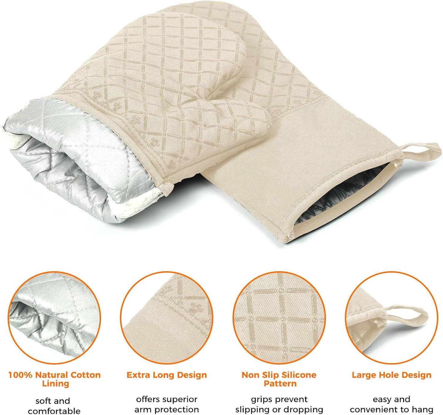 2 Pcs Oven Mitts for Kitchen Heat Resistant Oven Gloves, Soft Cotton Lining, Anti-Slip Silicone Stripe Oven Mitts Heat Resistant Oven Mits, Kitchen Mitt Pair Protect Hands, Cooking Baking Gloves Khaki