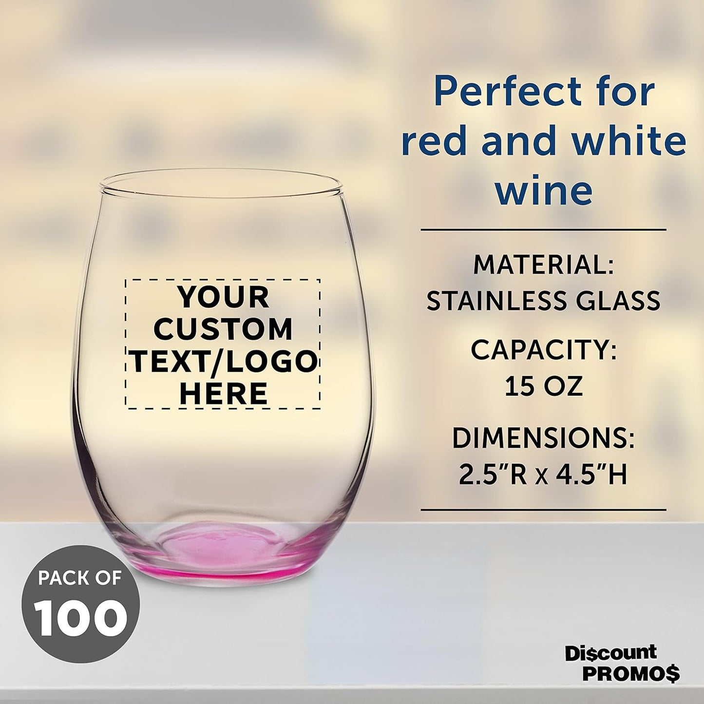 Custom Stemless Wine Glasses in Bulk by ARC Perfection, 15 oz, 100 pack, Personalized Text, Logo, Red or White Wine Glass Set, Pink