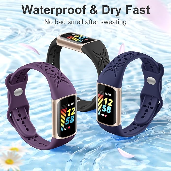 Maledan Slim Engraved Band Compatible for Fitbit Charge 6/Charge 5 Bands Women Men, Elegant Hollow-out Pattern Bracelet Strap Loops Wristbands for Fitbit Charge 5/Charge 6 Fitness Tracker Accessories