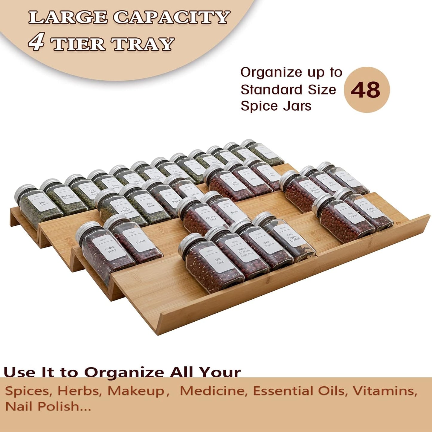 Bamboo Spice Rack Drawer Organizer - 8 Pieces Set- 11" Wide Per Piece - Combine Pieces Into 22" Wide Rack (11" or 22")