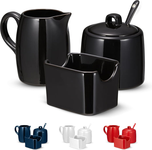 Kook Sugar and Creamer Set, 3 Piece, Pitcher, Sugar Bowl with Lid and Spoon, Sweetener Holder (Black)