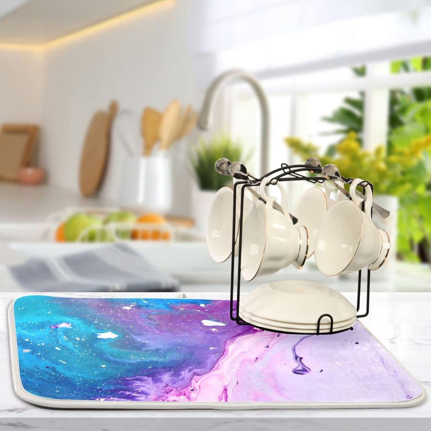 Super Absorbent Dish Drying Mat, Microfiber Fast-Drying Dish Mat, 16" x 18", Kitchen Dish Drying Pad, Abstract Purple Blue Marble