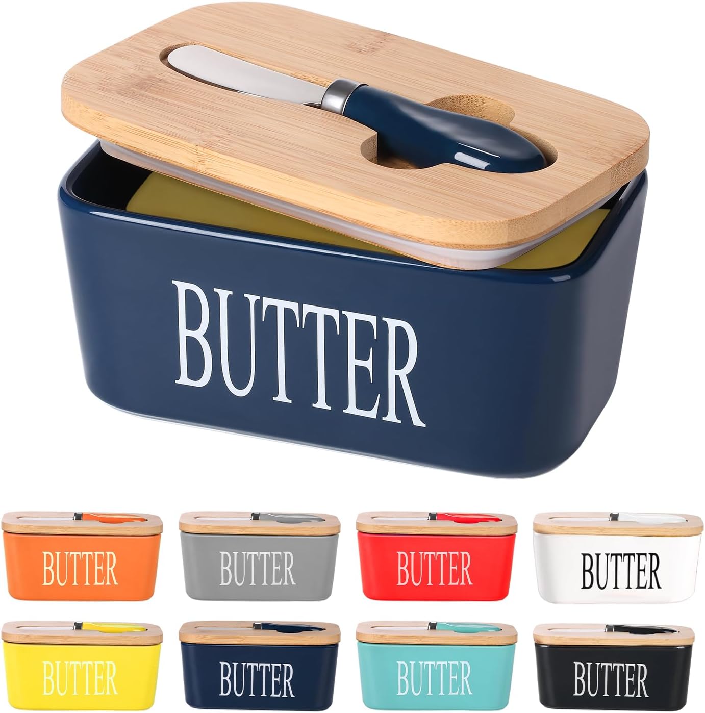 Ceramic Butter Dish with Wooden Lid, Large Butters Container Keeper Storage with Stainless Steel Knife Spreader, Bamboo Cover and Silicone Sealing Ring for West East Coast, Blue