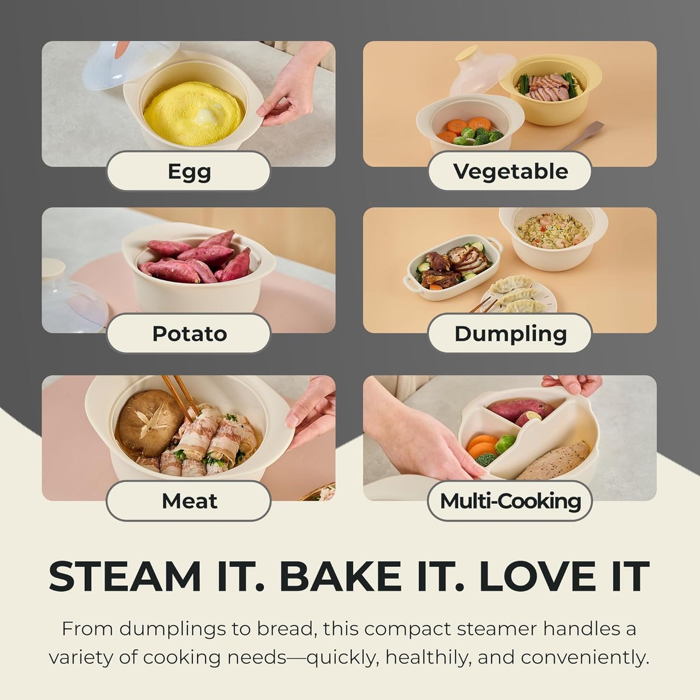 48oz Platinum Silicone 3 Compartmented Microwave Steamer Pot with Handle & Lid - Korea 100% Food-Grade Steamer Bowl, Heat-Resistant Cooker with Steam Holes, Easy Clean, Dishwasher Safe, Ivory