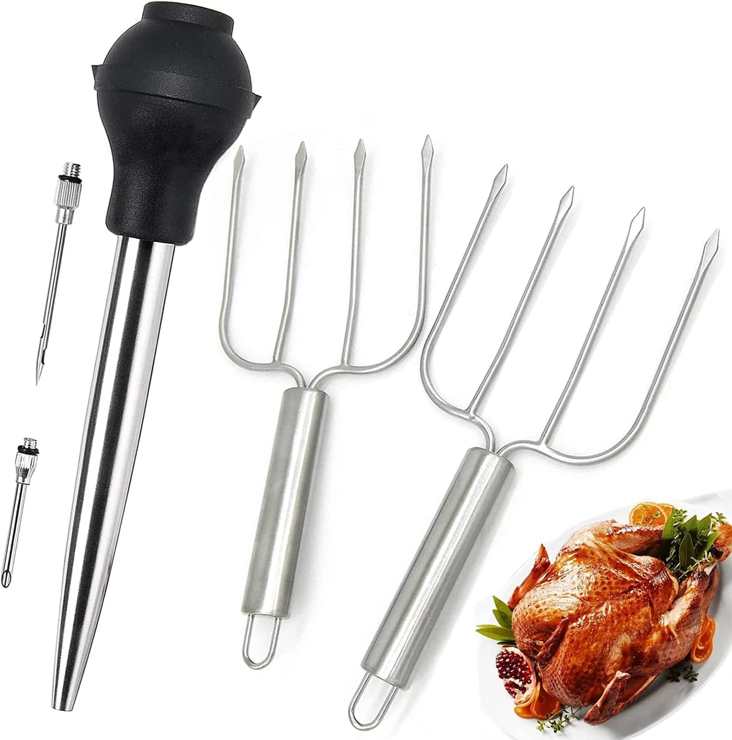 KAYCROWN Thanksgiving Roasting Kit - Stainless Steel Turkey Baster and Turkey & Roast Lifters, Silicone Turkey Baster with 2 Marinade Needles & Stainless Steel Turkey Forks Set