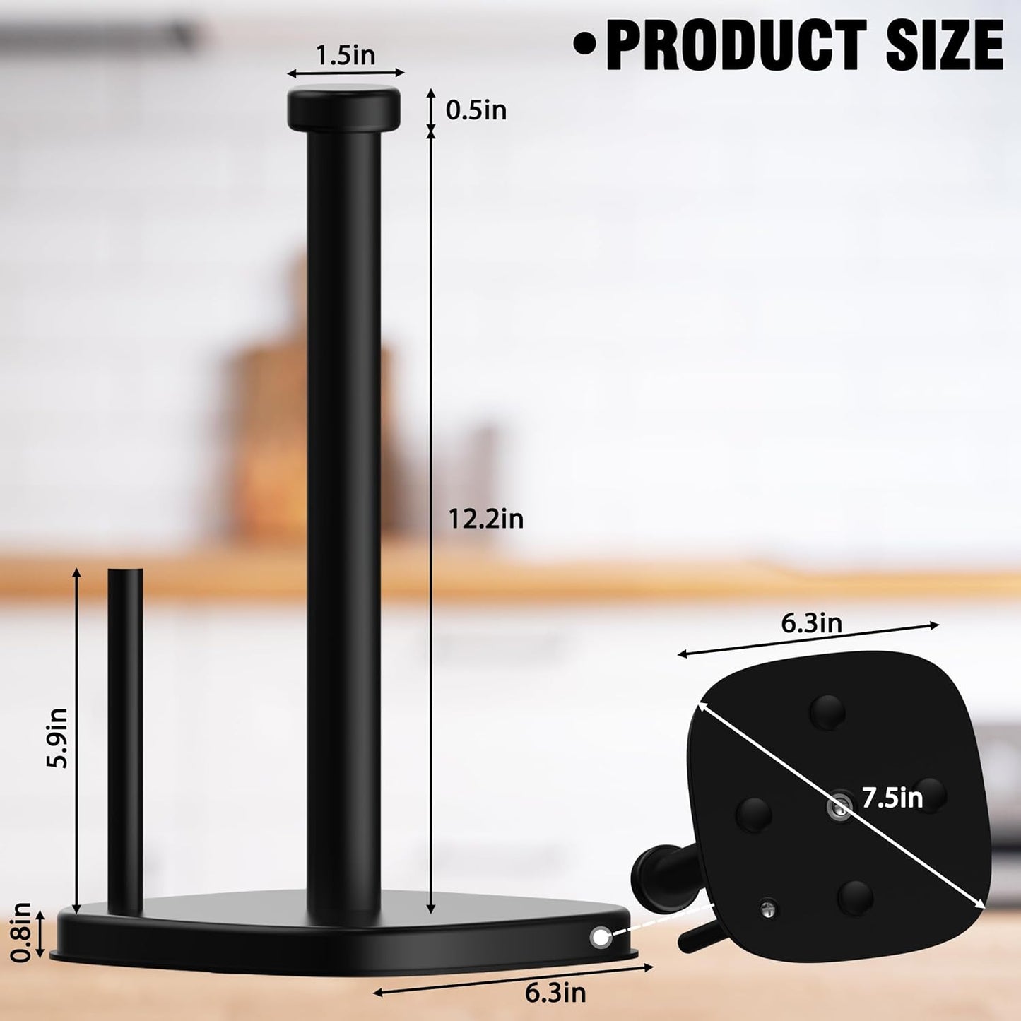 Paper Towel Holder Countertop, Standing Paper Towel Roll Holder for Kitchen Bathroom Organize, Stand with Weighted Base Suction Cups, Stainless Steel One-Handed Operation (Matte Black)