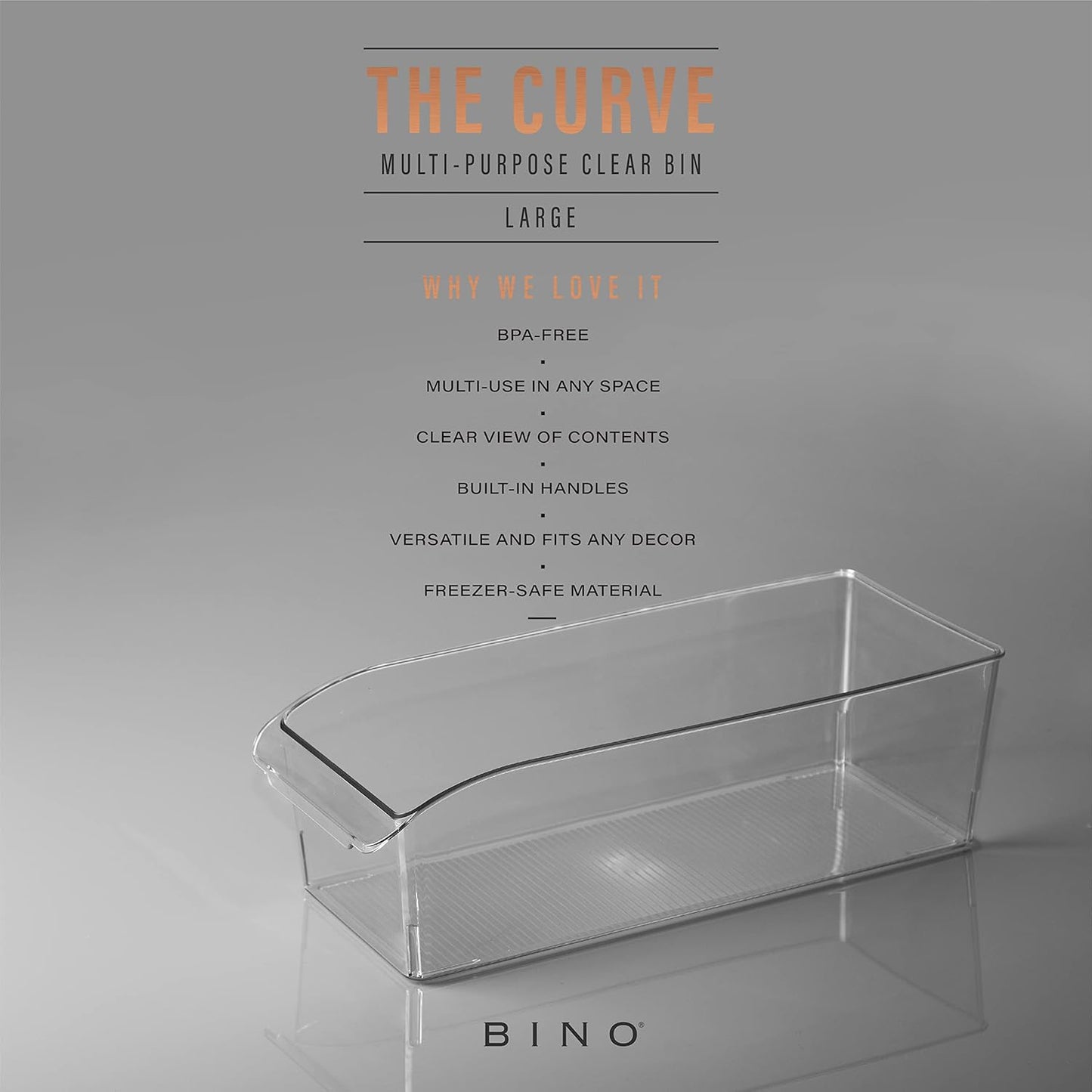 BINO | Plastic Storage Bins, Large | THE CURVE COLLECTION | Multi-Use Fridge / Freezer Organizer | Built-In Handle | BPA-Free | Pantry and Home Organization