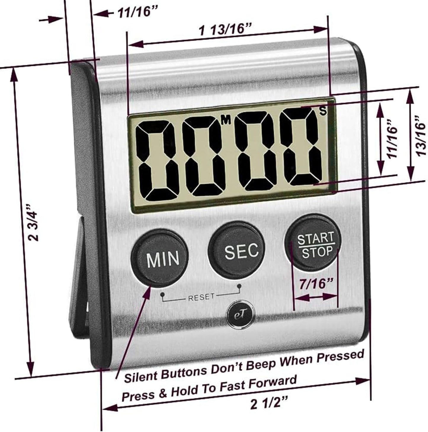 Elegant Digital Kitchen Timer - Stainless Steel Model eT-23, Super Strong Magnetic Back, Loud Alarm, Large Display, Auto Memory, Auto Shut-Off (12-Pack eT-23)