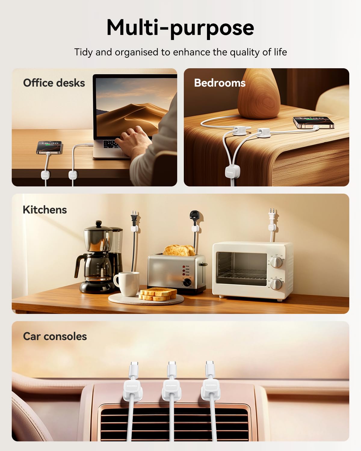 12-Pack Magnetic Cable Clips Cord Organizer-Cable Smooth Adjustable, Rocoren Desk Cable Management Accessories,Cable Holder Clips Wire Holder Keeper for Desktop,Nightstand,Wall,Home Office,Phone,Car