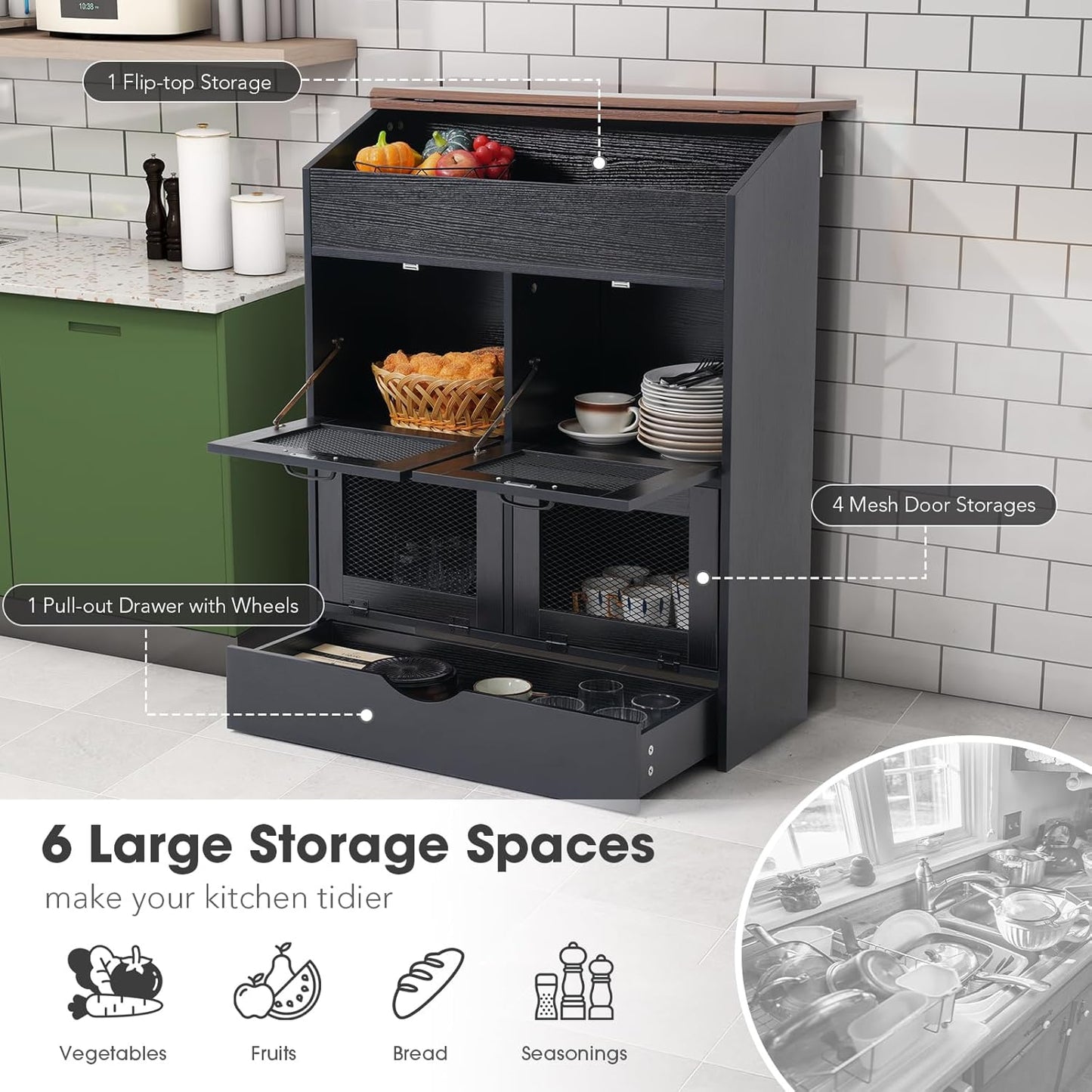 Patiorama Wood Potato and Onion Storage Bin Box, Large Vegetable Storage Box w/Lid,Wooden Bread Storage Bin w/4 Mesh Doors,Movable Bottom Drawer, Farmhouse Potato Storage Bins for Kitchen Pantry Black