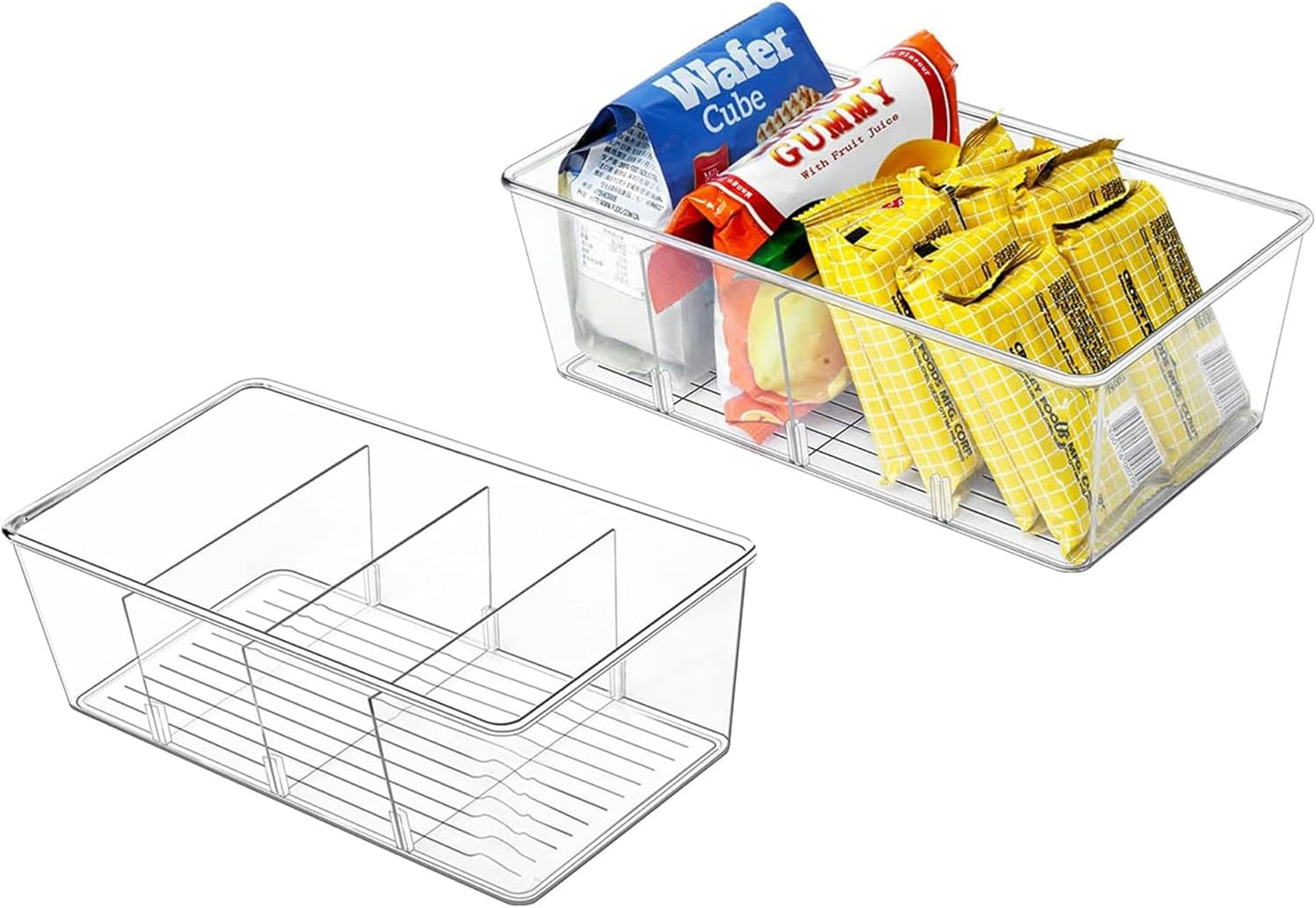 2 Pcs Clear Pantry Organizers and Storage,Plastic Storage Bins for Fridge with Removable Dividers, Kitchen Cabinet Organizers Ideal for Kitchen, Pantry, Refrigerator, Freezer, and Snack Storage