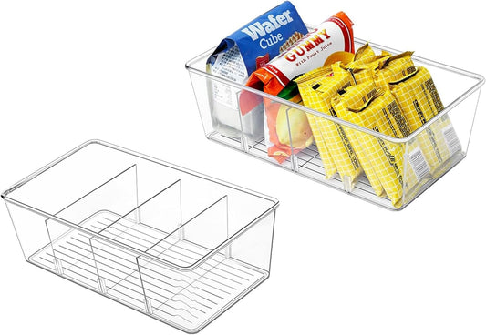 2 Pcs Clear Pantry Organizers and Storage,Plastic Storage Bins for Fridge with Removable Dividers, Kitchen Cabinet Organizers Ideal for Kitchen, Pantry, Refrigerator, Freezer, and Snack Storage