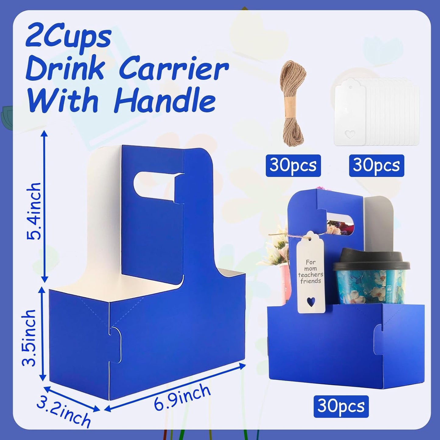 30 Pack 2 Cup Disposable Drink Carrier with Handle Paperboard Coffee Cup Holder Portable for Hot Cold Drinks Food Delivery Services with Heart Card for Teacher Appreciation Week Mother's Day