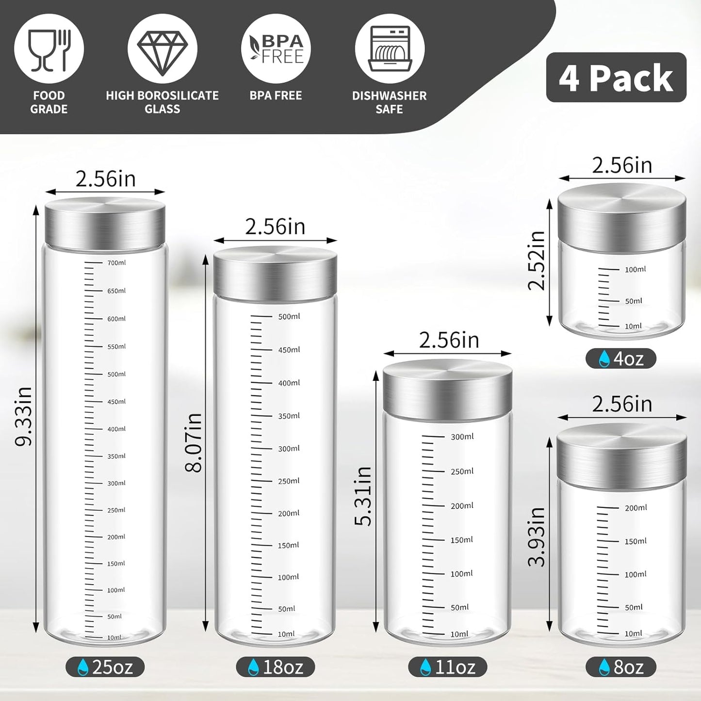 18 Oz Glass Bottles, 4 Pack Glass Juice Bottles with Lids, BPA Free, Borosilicate Glass, Leak Proof Lids for Juicing, Smoothies, Infused Water, Beverage Storage, Shaker Bottles