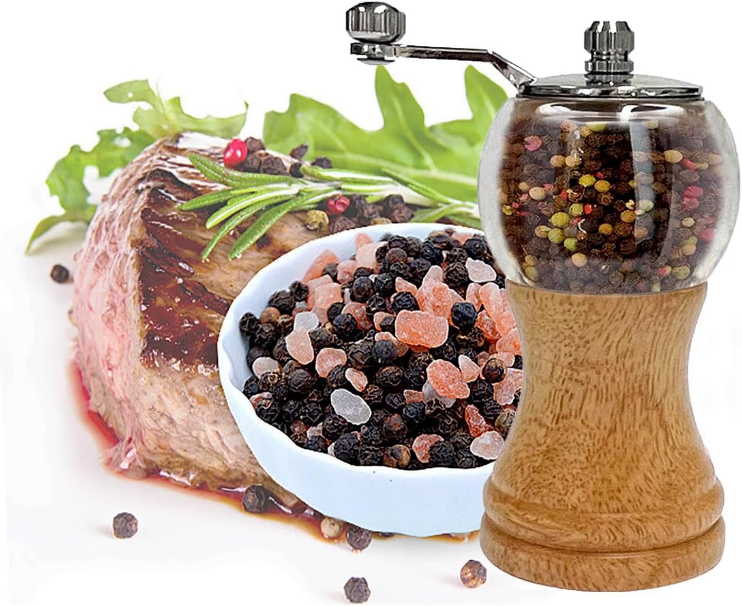 Pepper Mills Set Classical Hand Shake Wood Pepper Grinder Set Salt Mills 2pcs-6in, Wooden Acrylic Ceramic Blades Upgrade Metal Handle, Enjoy Fresh Ground Pepper Various Spices