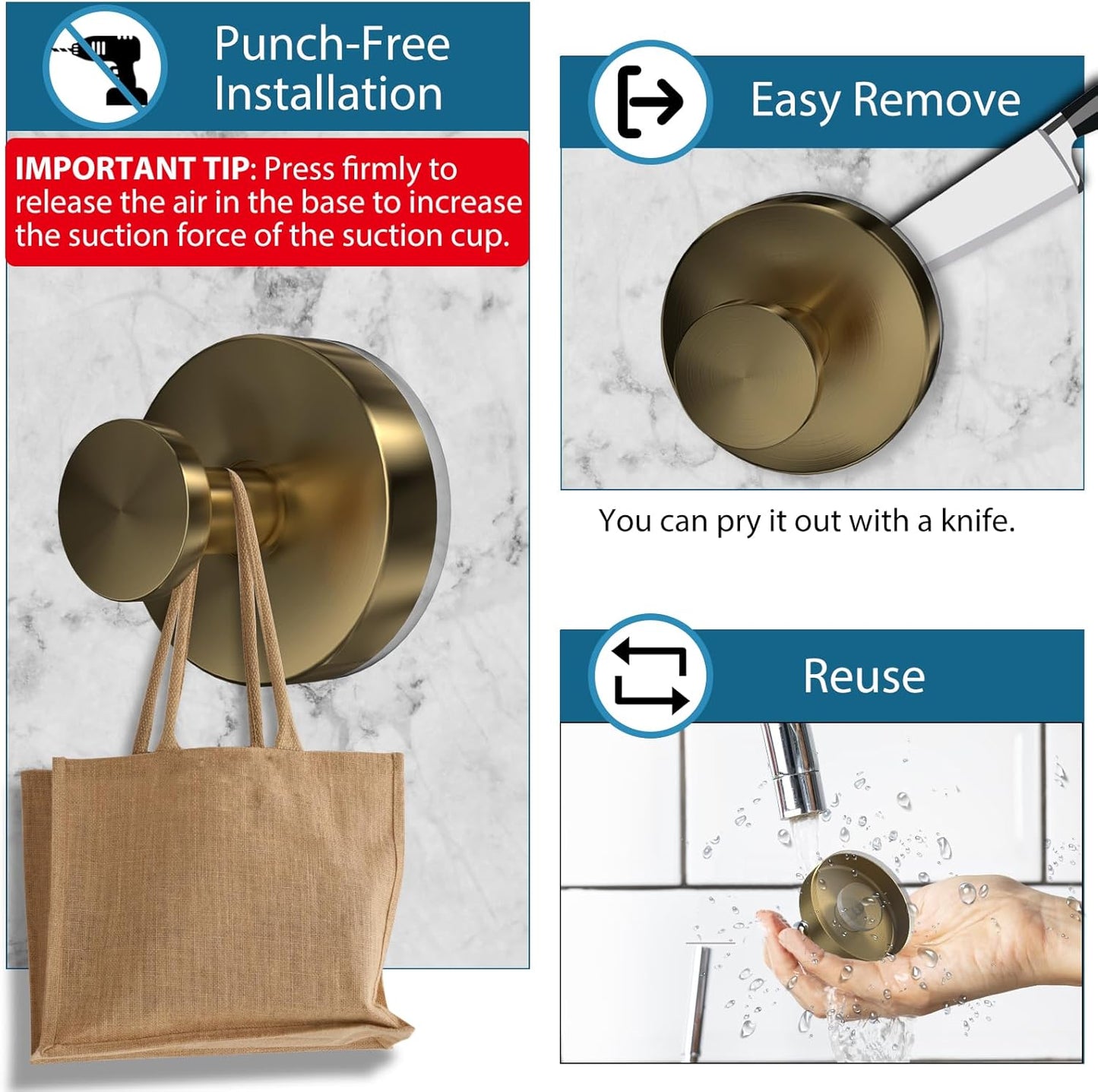 Suction Cup Hooks for Shower, 4 PCS No-Drill Towel Holder for Bathrooms Wall, Glass Door, Mirror, Tiles, Kitchen, Hold Robe & Wreath, Hanging up to 15 lbs – Waterproof & Rustproof, Loofah-Gold