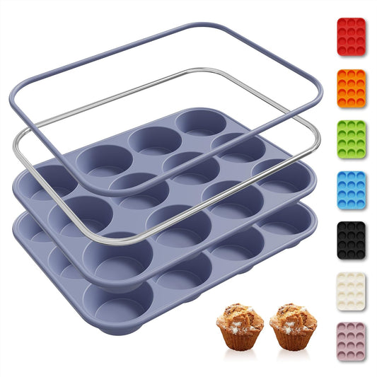 2 Pack 12 Cups Silicone Muffin Pan with Metal Reinforced Frame Regular Size Silicone Molds Cupcake Cake Baking Pans Cookie Baking Chocoflan Cupcake Mold Muffin Top Pan Flanera Housewarming Gift