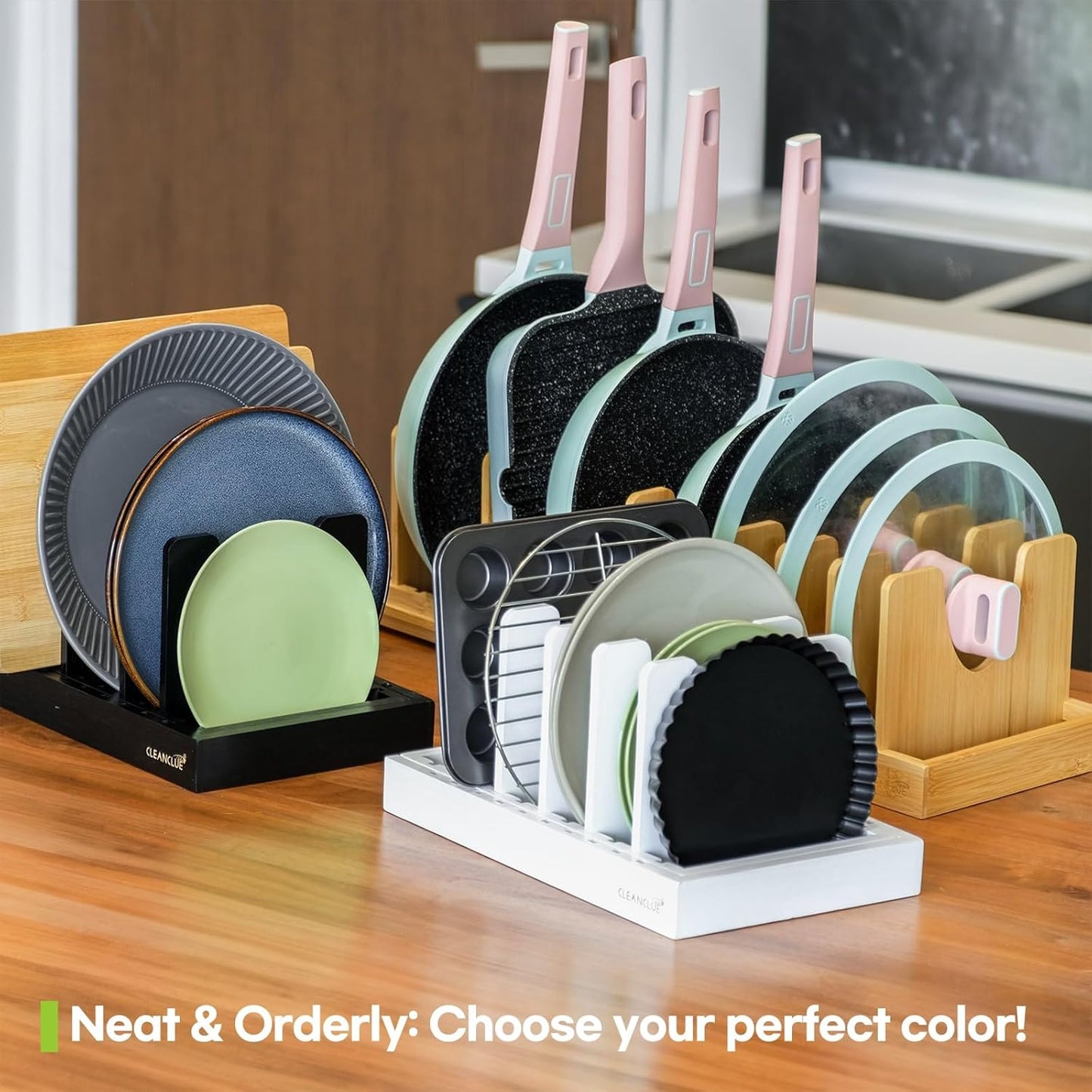 Pots and Pans Organizer under Cabinet, Bamboo Expandable Bakeware and Cutting Board Organizers, Adjustable Pot Lids Holder Rack, Cookie Sheet Baking Pan, Tray Organizer for Kitchen Storage (Natural)