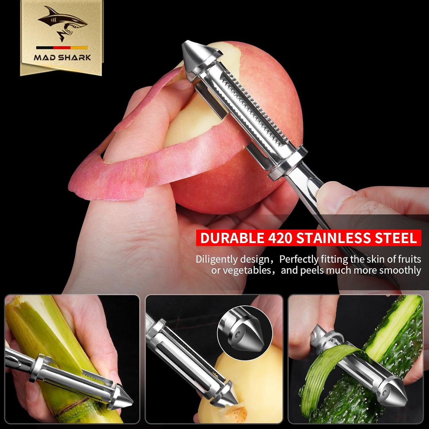 MAD SHARK Ultra Sharp Potato Peeler, Fruit Carrot Veggie Peelers for Kitchen,Flat/Serrated Blade 2 in 1-I Shaped Stainless Steel Peelers,Vegetable Peeler with Ergonomic Non-Slip Handle