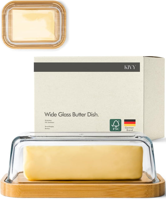 KIVY Large Butter Dish with Lid - Fits 2 Butter Sticks and Wider Sizes (Kerrygold, European Styles, Eastern, Western) - 2 Stick Butter Dish - Glass & Bamboo