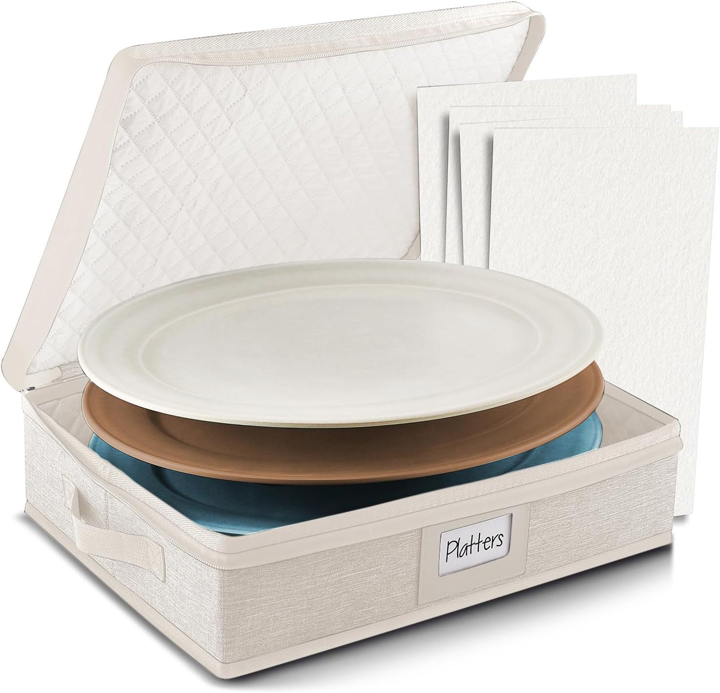 Platter Storage Case – Fine China Storage Containers Hard Shell, Quilted and Stackable 16”x 12.5”x 3.5” Platter Storage Container with Handles and Felt Dividers for Moving and Seasonal Storage, Cream